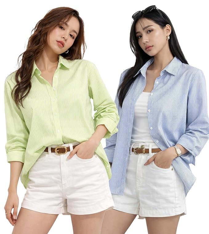 Women Formal Striped Shirt | Cotton Blend Office Wear Full Sleeve Button Down Casual Workwear Top | Stylish Regular Fit Ladies' Shirt, Pack of 2-picture-51