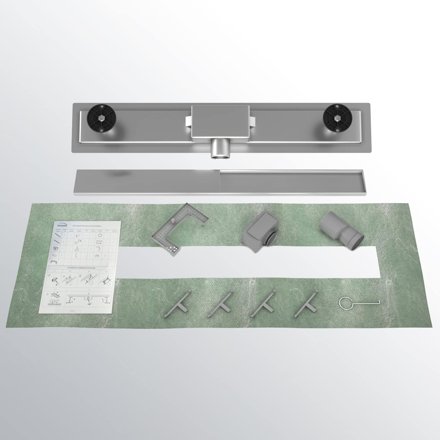 SONNI Duschrinne 60 cm, 2-in-1 Edelstahl Duschrinne, gebürsteter Edelstahl | Abdeckung aus Edelstahl 304 mit Haarsieb und Geruchsverschluss für eine zuverlässige Entwässerung und einfache Reinigung.