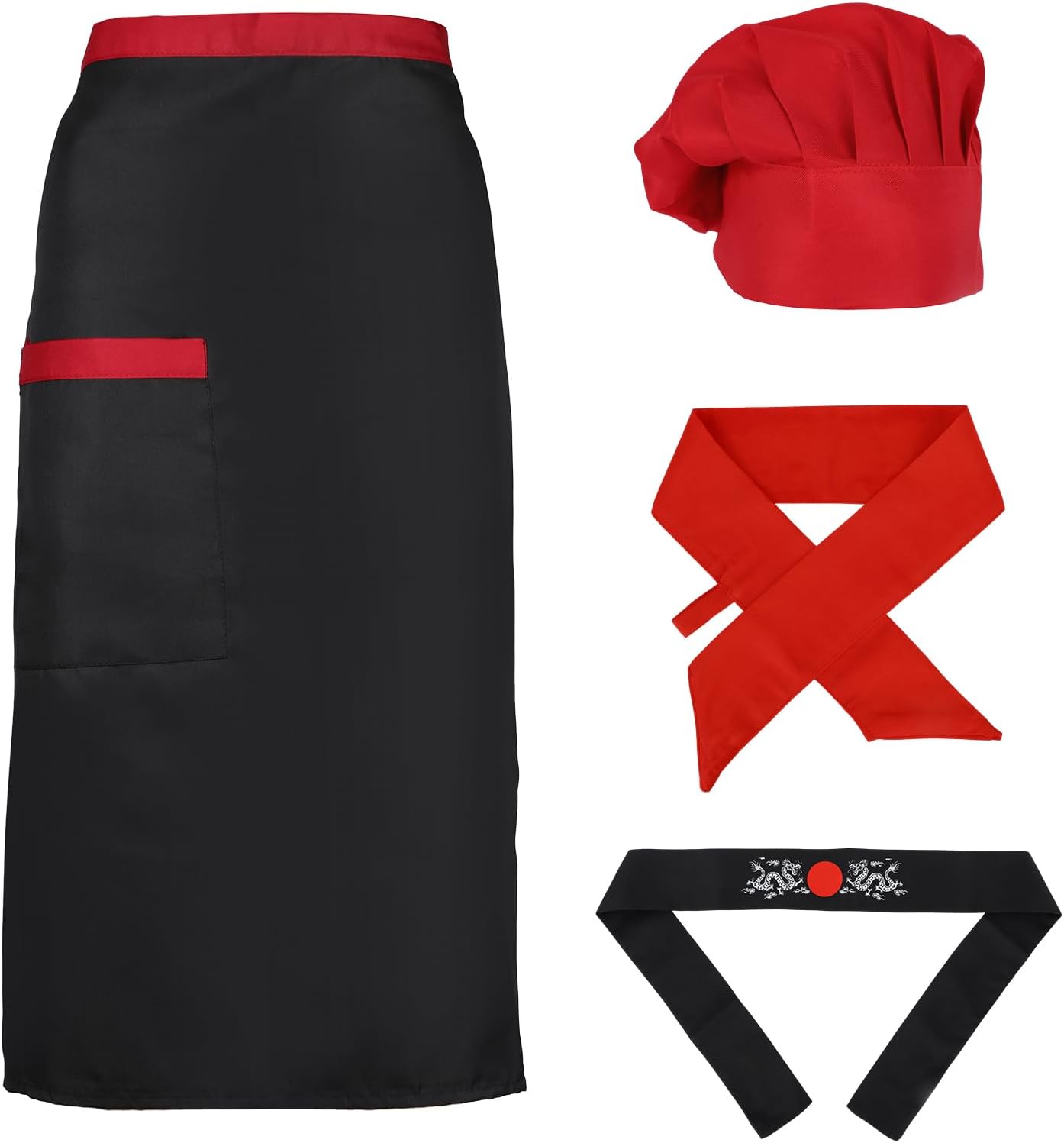 Hibachi Chef Costume Set, Chef Tall Hat and Apron Outfit Set with Headband and Tie Practical Hibachi Costume (Red)