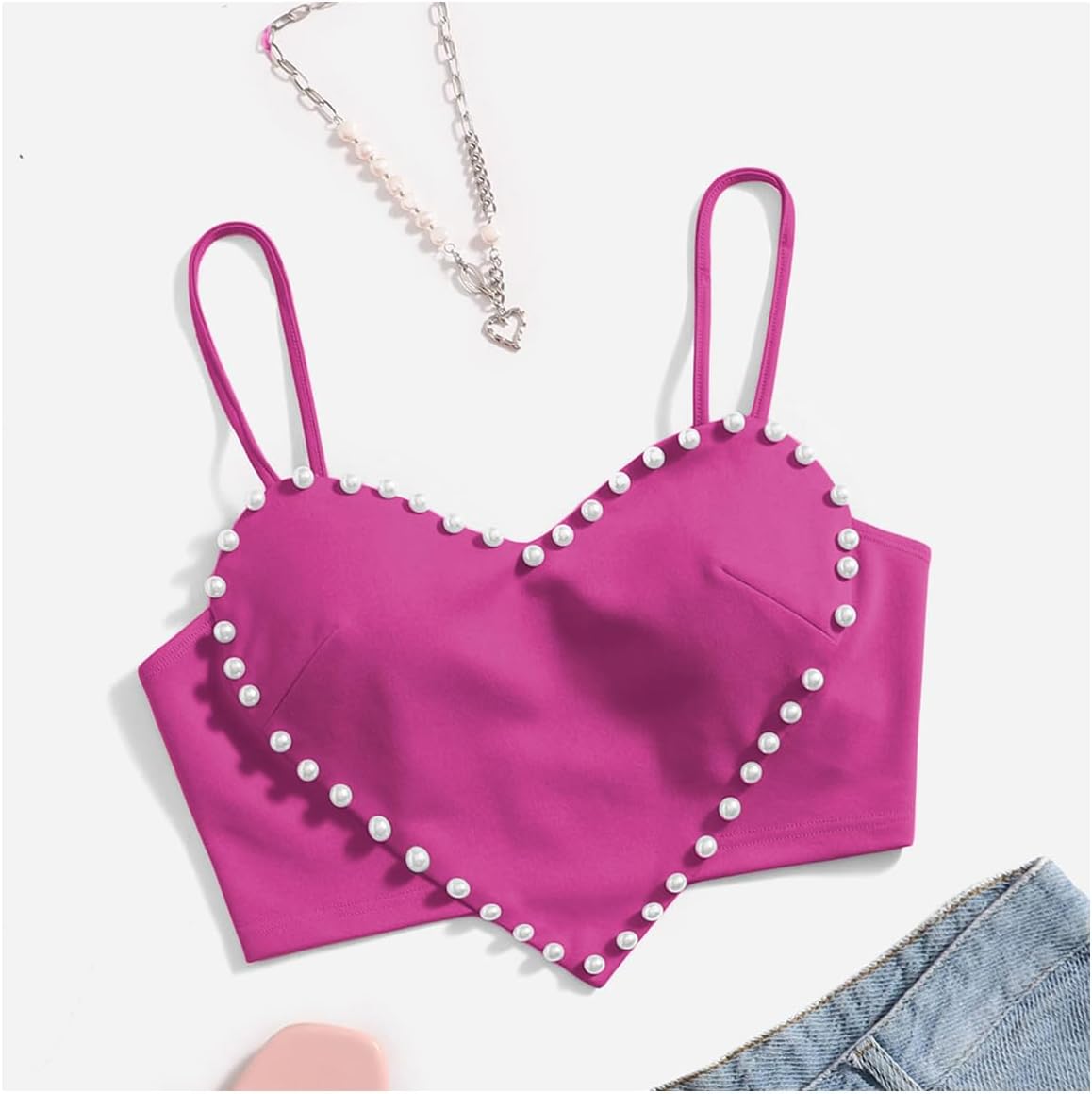 WDIRARA Women's Cami Heart Pearl Crop Top Sparkly Outfits - Image 5
