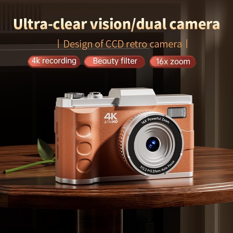 Fotocamera digitale 4K HD, zoom 16x con messa a fuoco automatica con LCD da 3,0 pollici, controllo manuale, scheda TF, stile retrò per fotografia (nero)