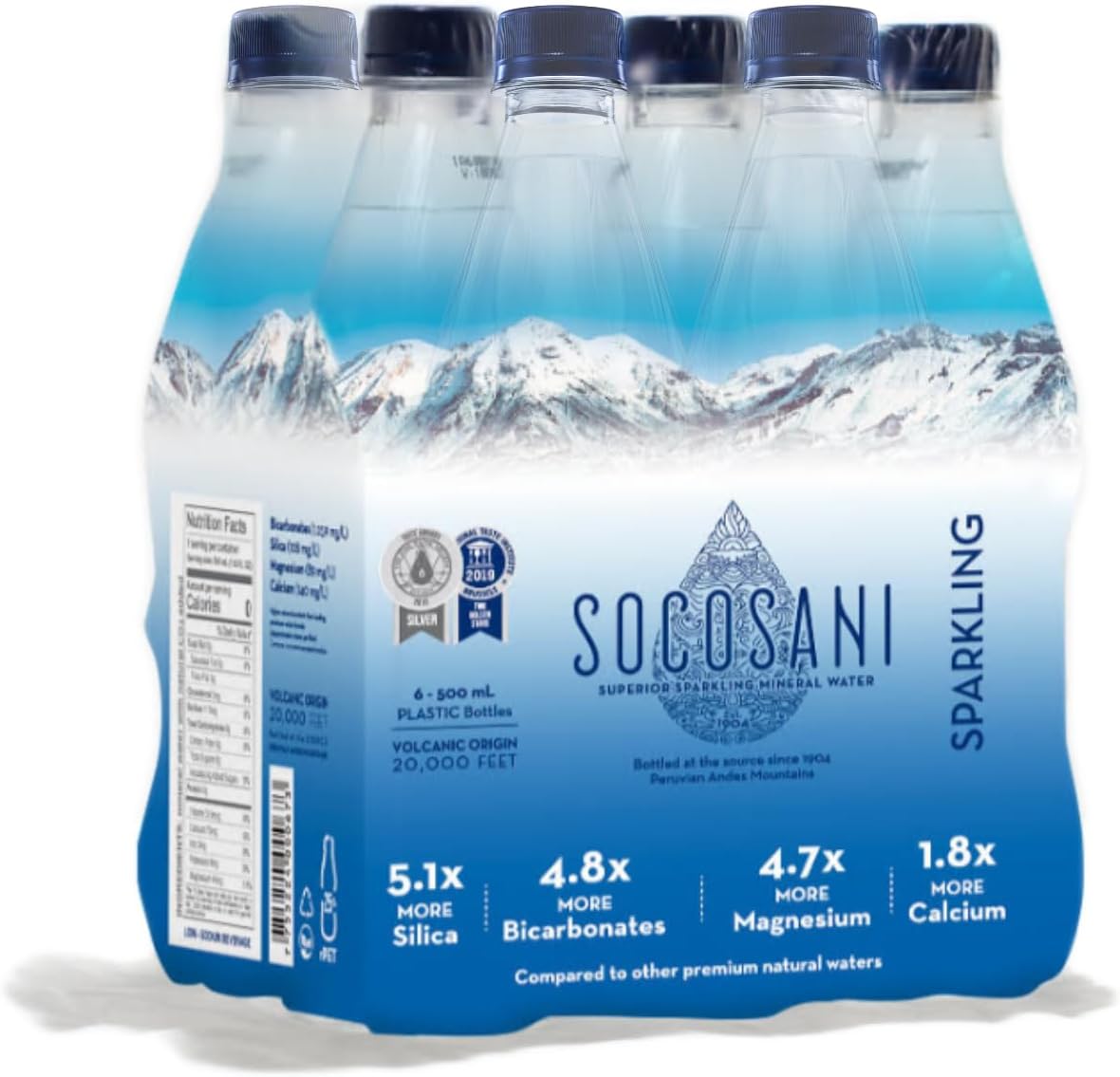 SocosaniNatural Sparkling Mineral Water (Pack of 6 Water Bottles) 16.9 Fl Oz (500ml) | Electrolytes for a Unique Taste | Perfectly Balanced Water | Full Spectrum Minerals | Recyclable Plastic
