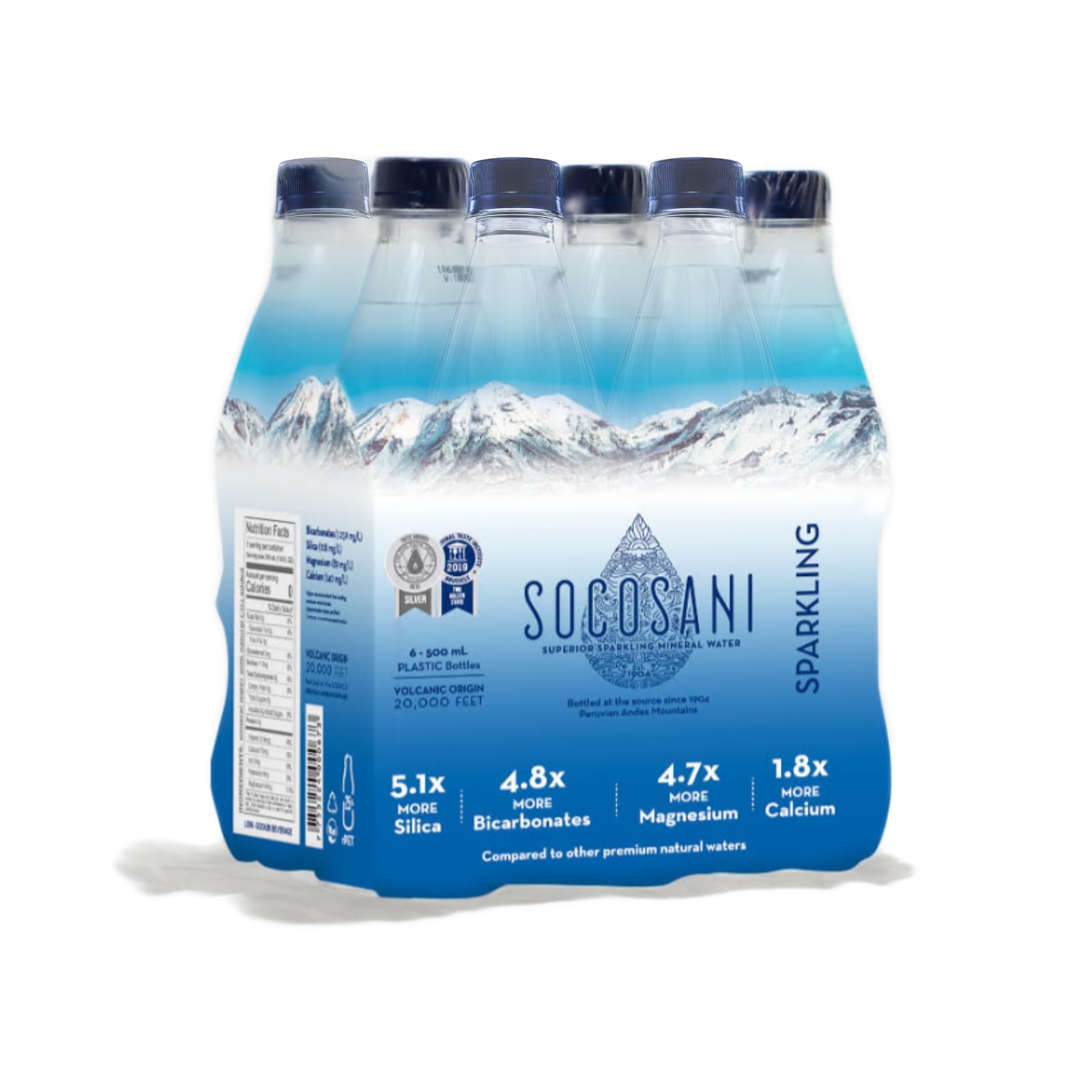 SocosaniNatural Sparkling Mineral Water (Pack of 6 Water Bottles) 16.9 Fl Oz (500ml) | Electrolytes for a Unique Taste | Perfectly Balanced Water | Full Spectrum Minerals | Recyclable Plastic