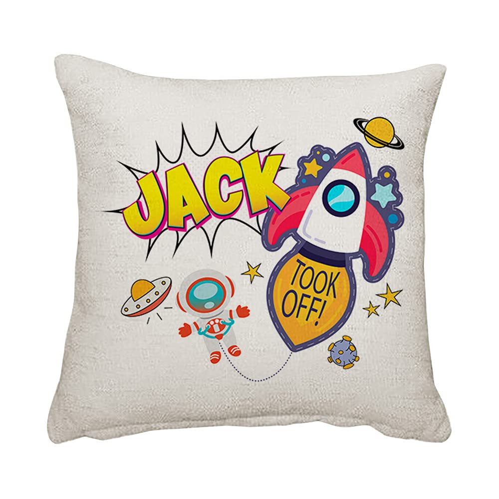 Giftme Boys Linen Cushion Cover With Insert Personalised Space Astronaut Guy Rocket Stars Galaxy Art Gift For Kids- Toddlers Birthday Gift Home Decor Linen Throw Pillow/Cushion. (Linen Cushion Cover With Insert)