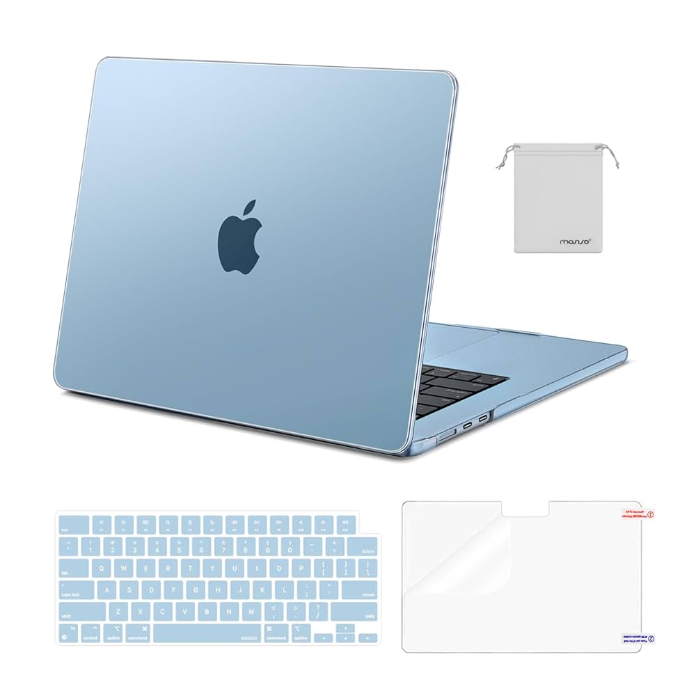 MOSISO Compatible with MacBook Air 15 inch Case 100% Match Official Color M4 M3 M2 2025 2024 2023 A3241 A3114 A2941 Touch ID, Ultra Thin Hard Case&Keyboard Cover&Screen Film, Sky Blue Clear