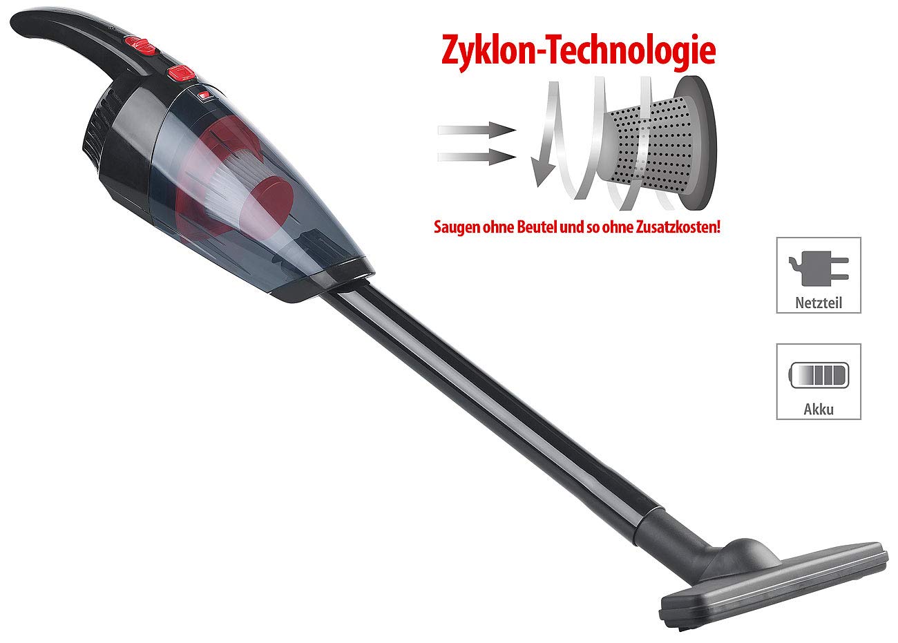 Sichler Haushaltsgeräte Handstaubsauger: 2in1-Akku-Zyklon-Hand- & Boden-Staubsauger, HEPA-Filter, 3,2 kPa (Bodenstaubsauger, Akku Handsauger, Besen)