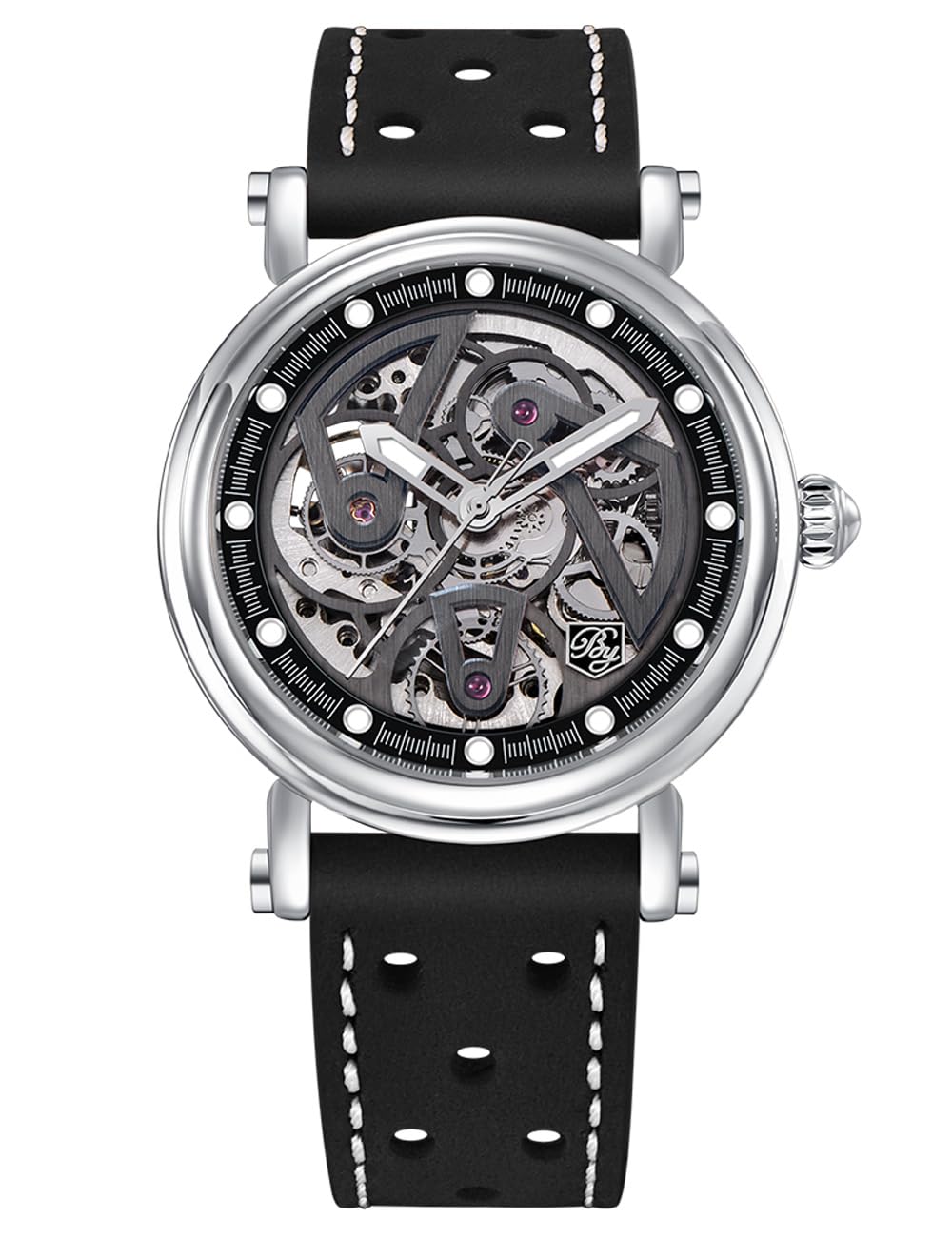 BY BENYARBENYAR Automatic Watches for Men Black Skeleton dial 50M Waterproof Leather Men's Mechanical Watch Elegant Gifts for Men