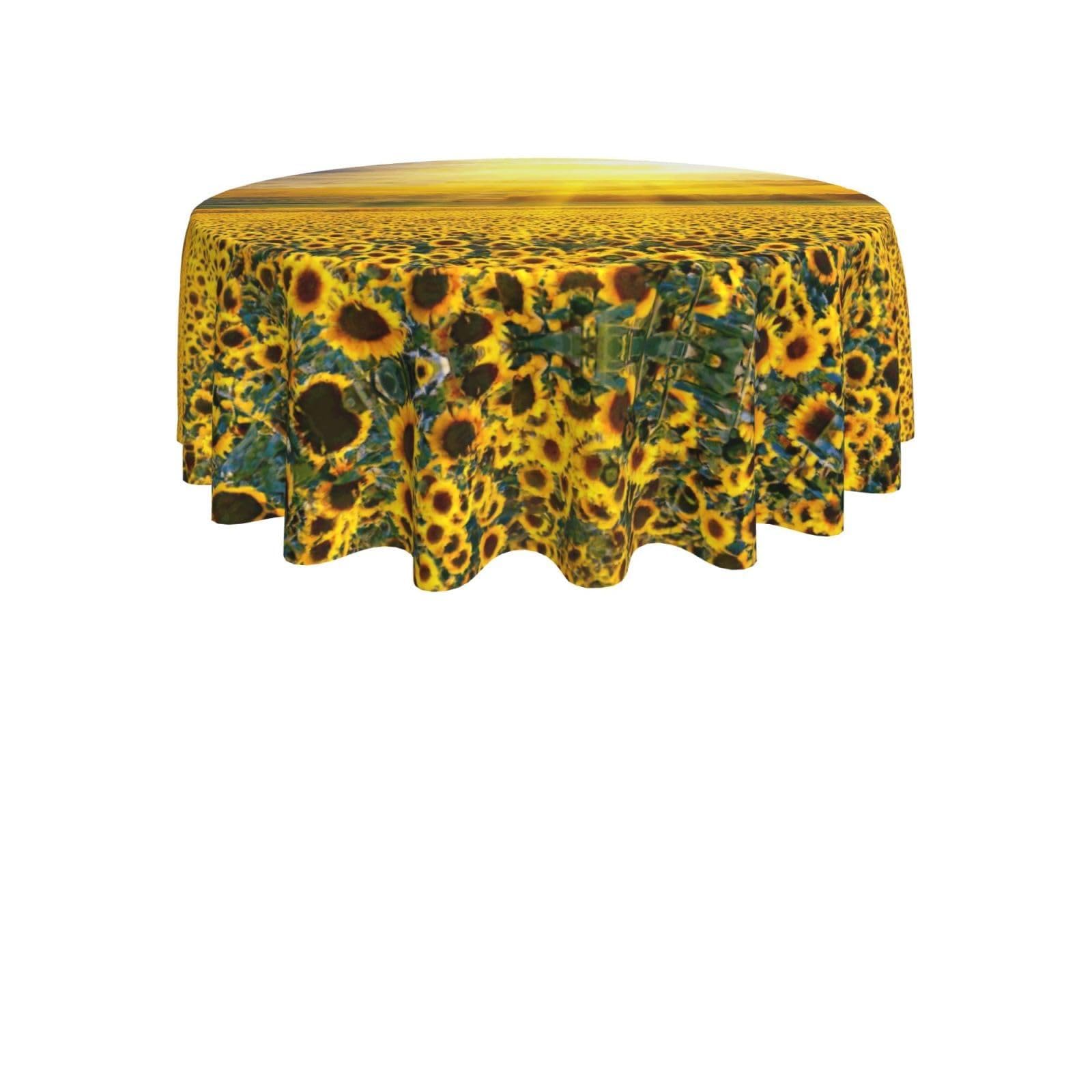 ENGhjes Golden Sunflower Print Round Tablecloth 60in Washable Stainproof Polyester Cloth for Kitchen Idea