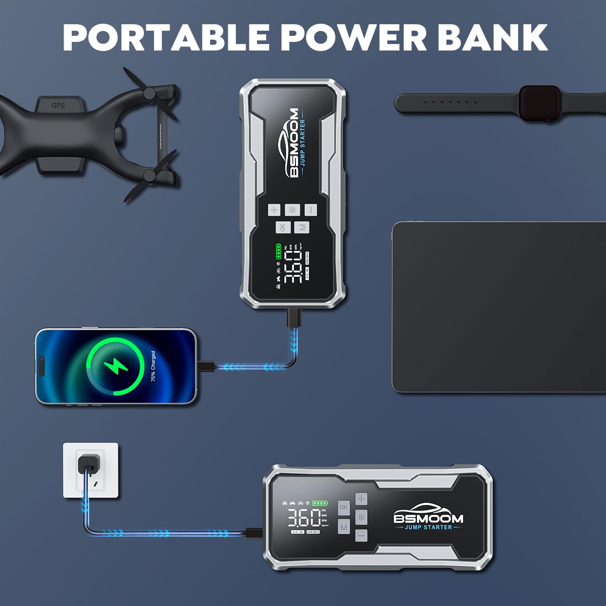 7000A Starthilfe Powerbank für Pkw mit Kompressor, 160PSI Spitzenstrom Starter Powerbank für 12V Fahrzeuge(Bis zu All Benzin/10.0L Diesel), Starthilfe mit 400 Lumen LED Licht und 3.3'' LCD Display