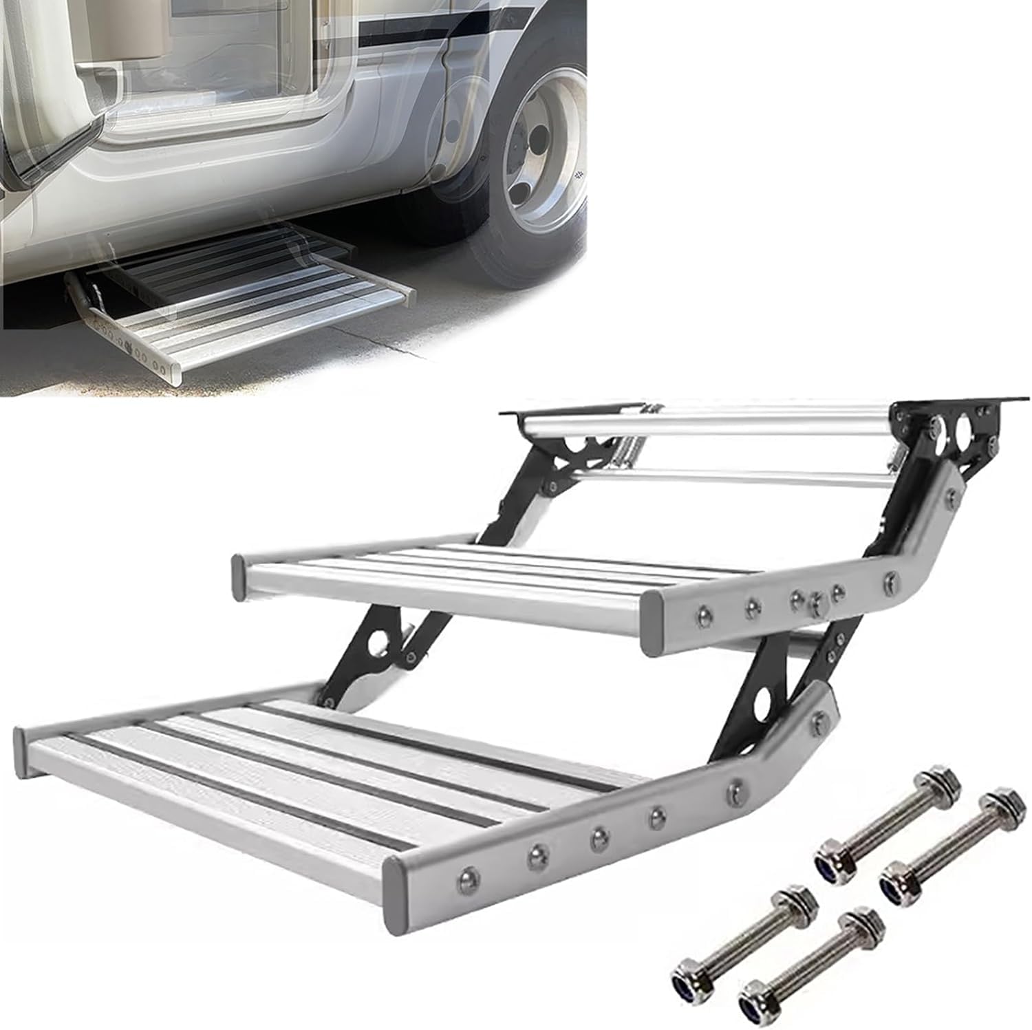 Escalones para casas rodantes, autocaravanas y remolques de viaje, doble capa automática, soporta 150 kg, fácil montaje para un acceso seguro