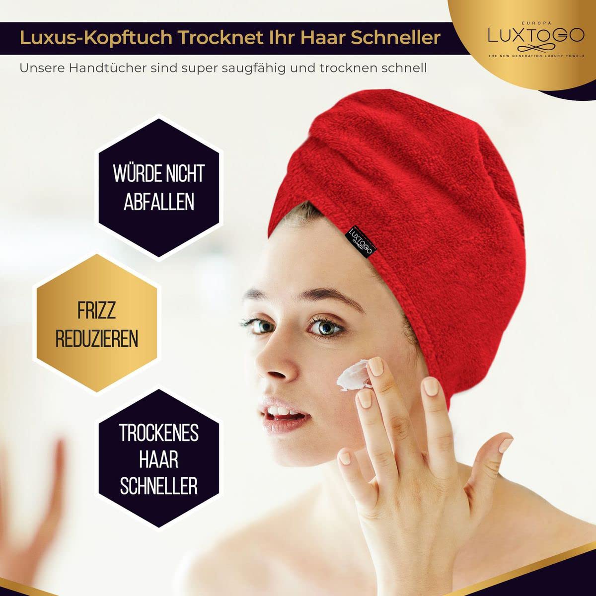 Asciugamano turbante per capelli, 100% cotone, di alta qualità, con bottone ed elastico, turbante per la testa super assorbente (1 pezzo rosso)