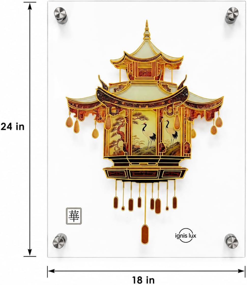 ignis lux Frameless Tempered Glass Decorative Wall Art, Chinoiserie Pagoda & Crane Design, Gold Foil Chinese Lantern Decor, Modern Decorative Hanging Art for Living Room, Bedroom and Office, 24''x18'' inches image 3