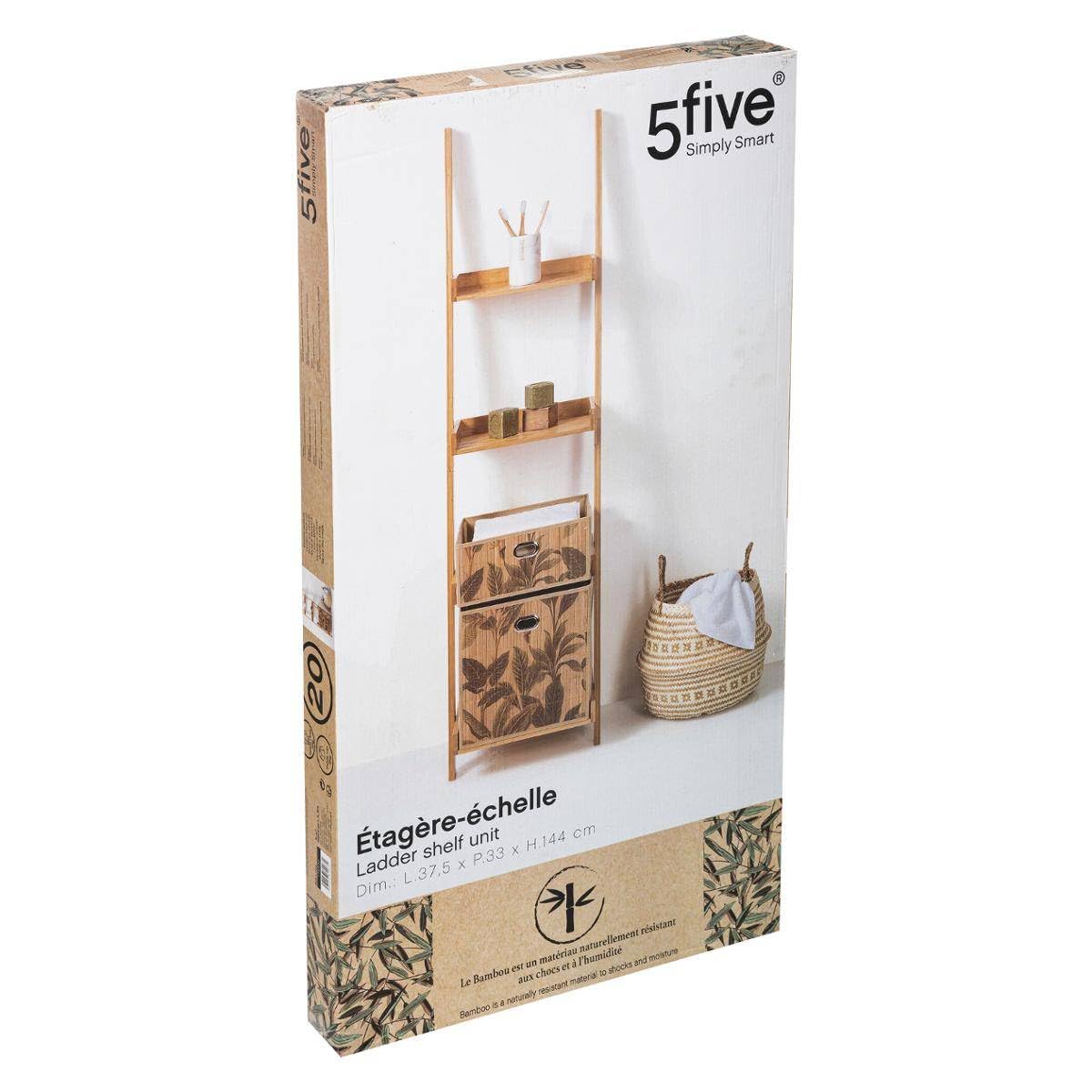 Étagère échelle En Bambou 5 Niveaux – 65 X 36 X 183 Cm – Charge 10 Kg Par étagère – Anti-basculement Inclus – Naturel