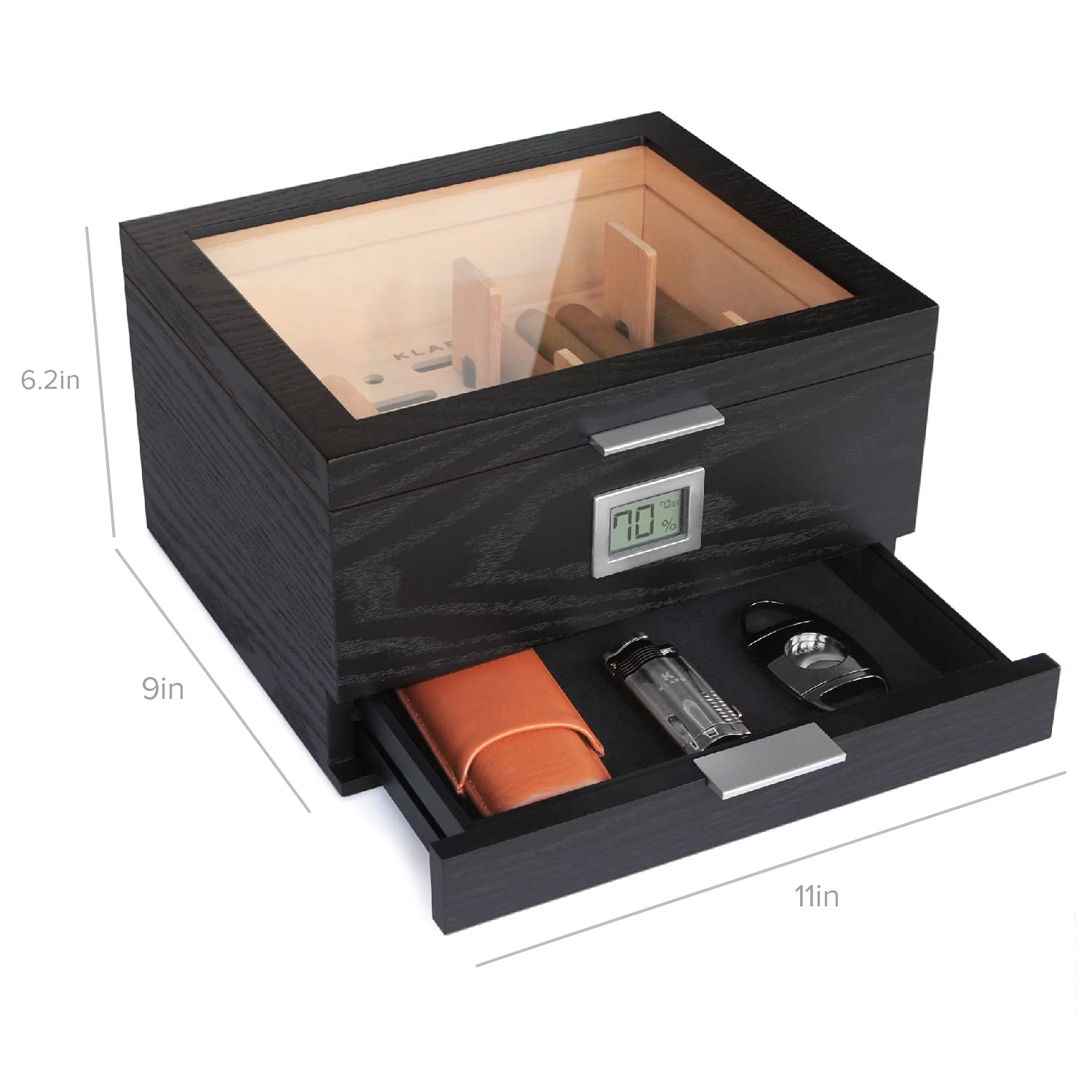 Mill Glass Top Humidor Matte Black Wood Grain, Front Digital Hygrometer, Spanish Cedar, Humidor Solution, Hydro System, and Accessory Drawer - Holds (30-60 Cigars) by Klaro