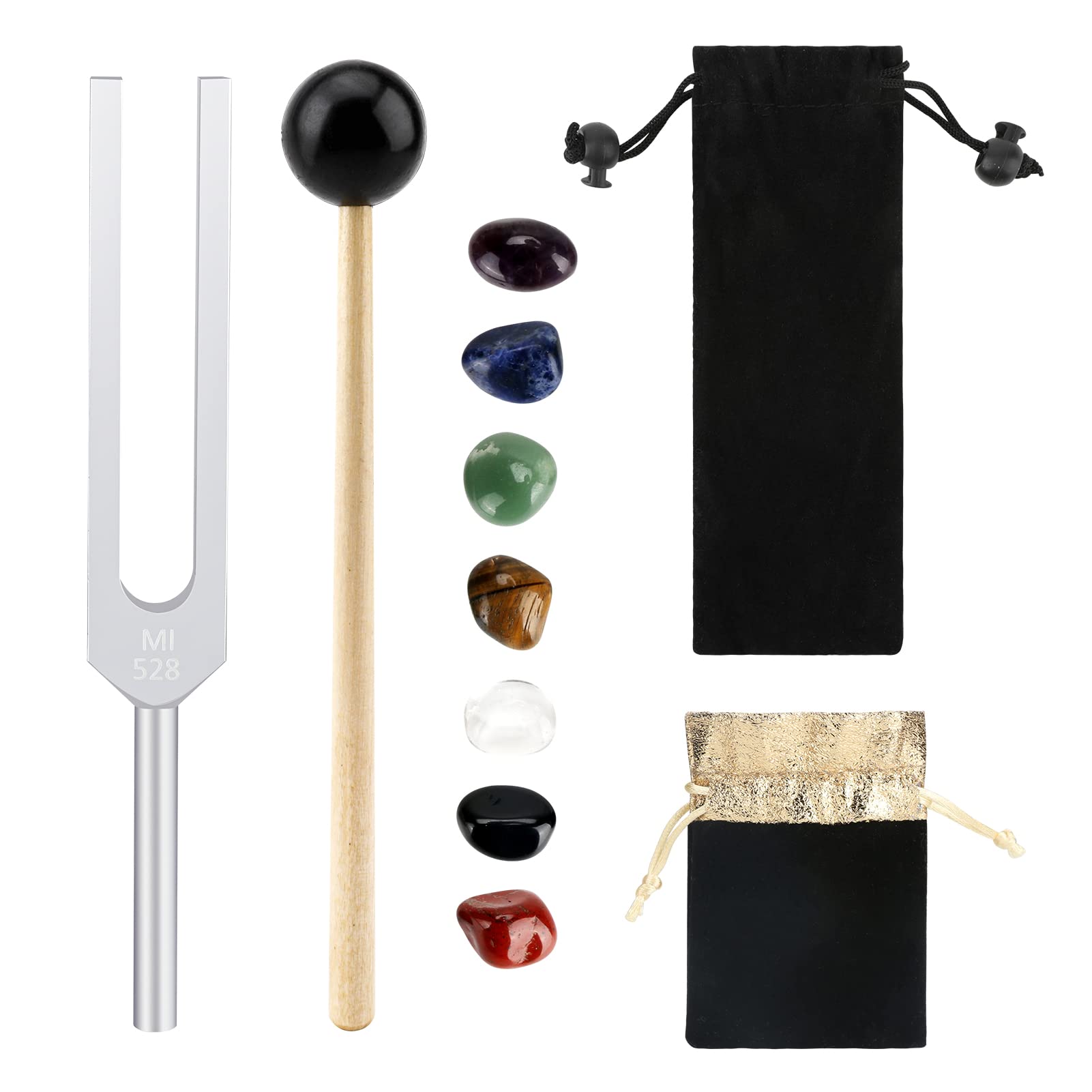 Anpress 528 hz Tuning Forks for Healing Chakra Set, Tuning Fork with Chakra Stones and Healing Crystals Chakra Healing Crystals Stones Set with Silicone Hammer for Beginners Yoga Healing
