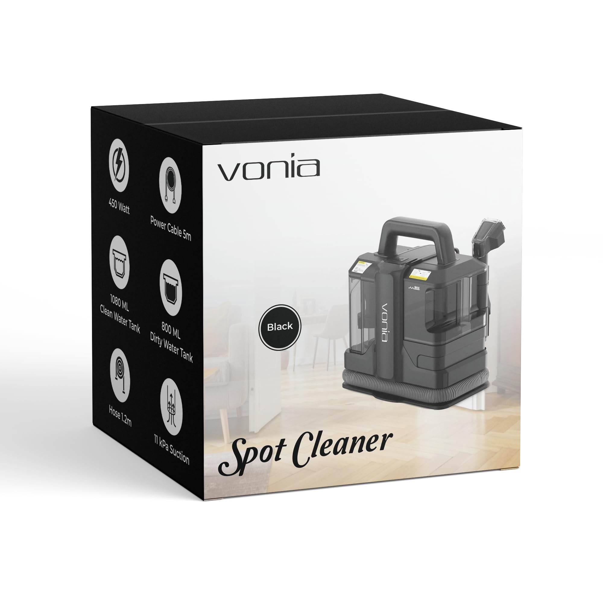 Vonia Machine à Nettoyer les Tapis Portable – Nettoyeur de Tapis Haute Succion 450W | Nettoyeur à Main pour Taches de Canapé, Canapé, Tapis, Sièges de Voiture, Matelas et Nettoyage des Tissus (Noir)