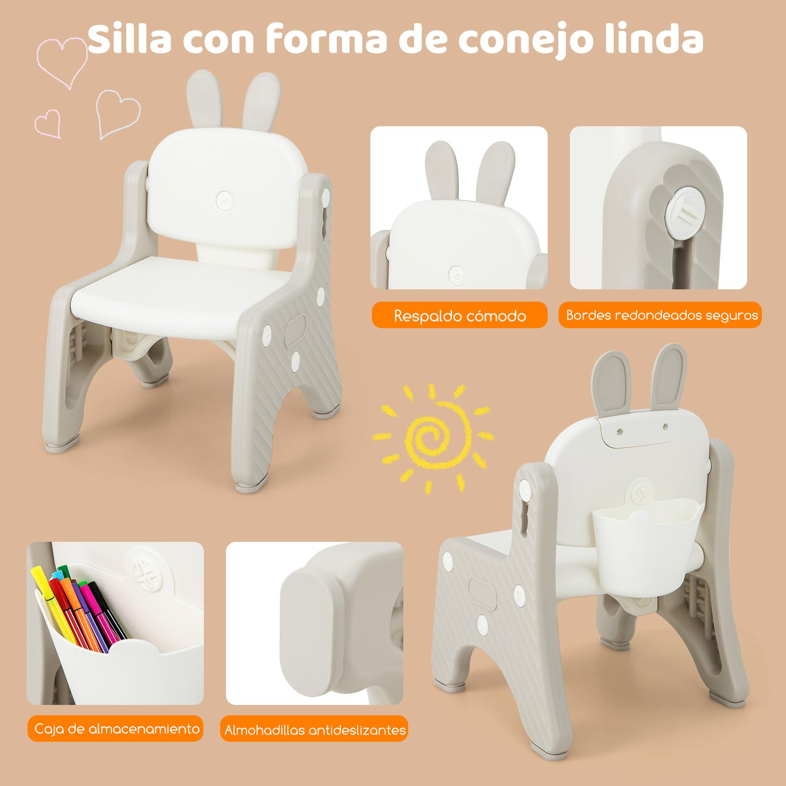 COSTWAY Juego de Mesa y Silla para Niños, Mesa de Arte Infantil con Silla y Estante, Tapa Abatible, Pizarra Magnética Borrable, Mesa de 3 Altura Ajustable para Dibujar, Incluye Accesorios (Gris)