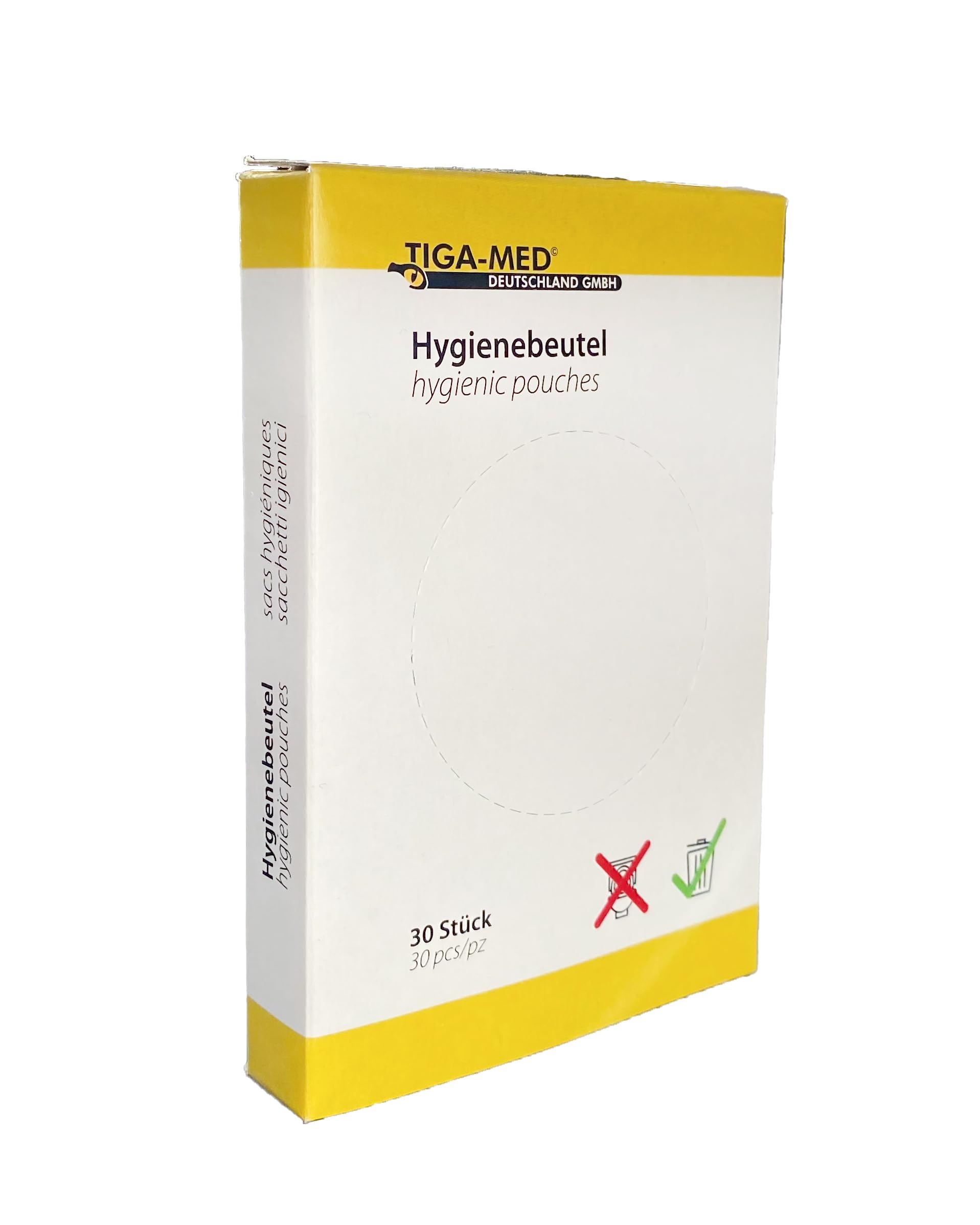TIGA-MED Bolsas higiénicas para compresas sanitarias y tampones, 300 unidades (10 x 30), polietileno duro de HDPE, 30 bolsas por caja, resistentes a olores y líquidos, eliminación segura y discreta en