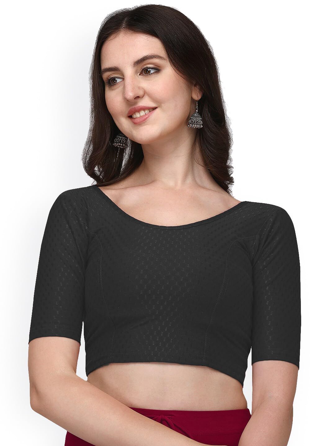 arya enterprise Plain Solid Round Neck Dobby Cotton Lycra Stretchable Elbow Half Sleeve Readymade Saree Blouse for Women Stylish Black Size 34"-picture-38