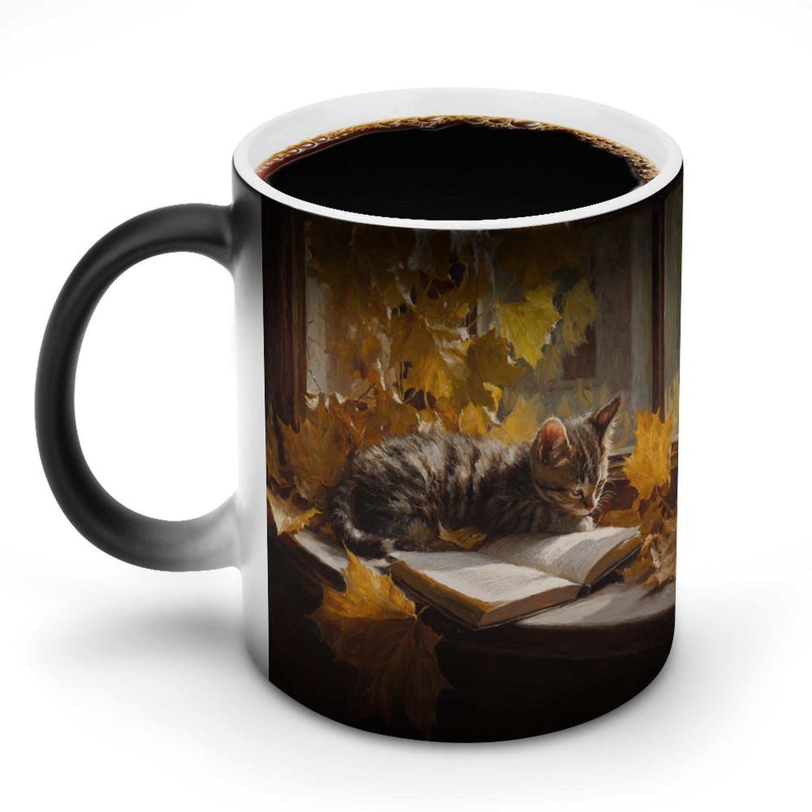 Window Kitten Reading Maple Leaves Color Changing Mugs Heat Changing Ceramic Coffee Mug Novelty Funny Tea Water Cup 11OZ