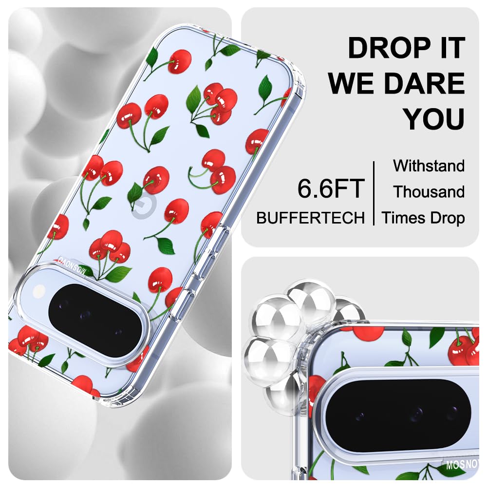 MOSNOVO Case for Google Pixel 10 & Pixel 10 Pro, [Buffertech 6.6ft Military-Grade Drop Protection] [Anti Peel Off Tech] Clear TPU Bumper Phone Case Cover Design - Cute Cherry — view 6