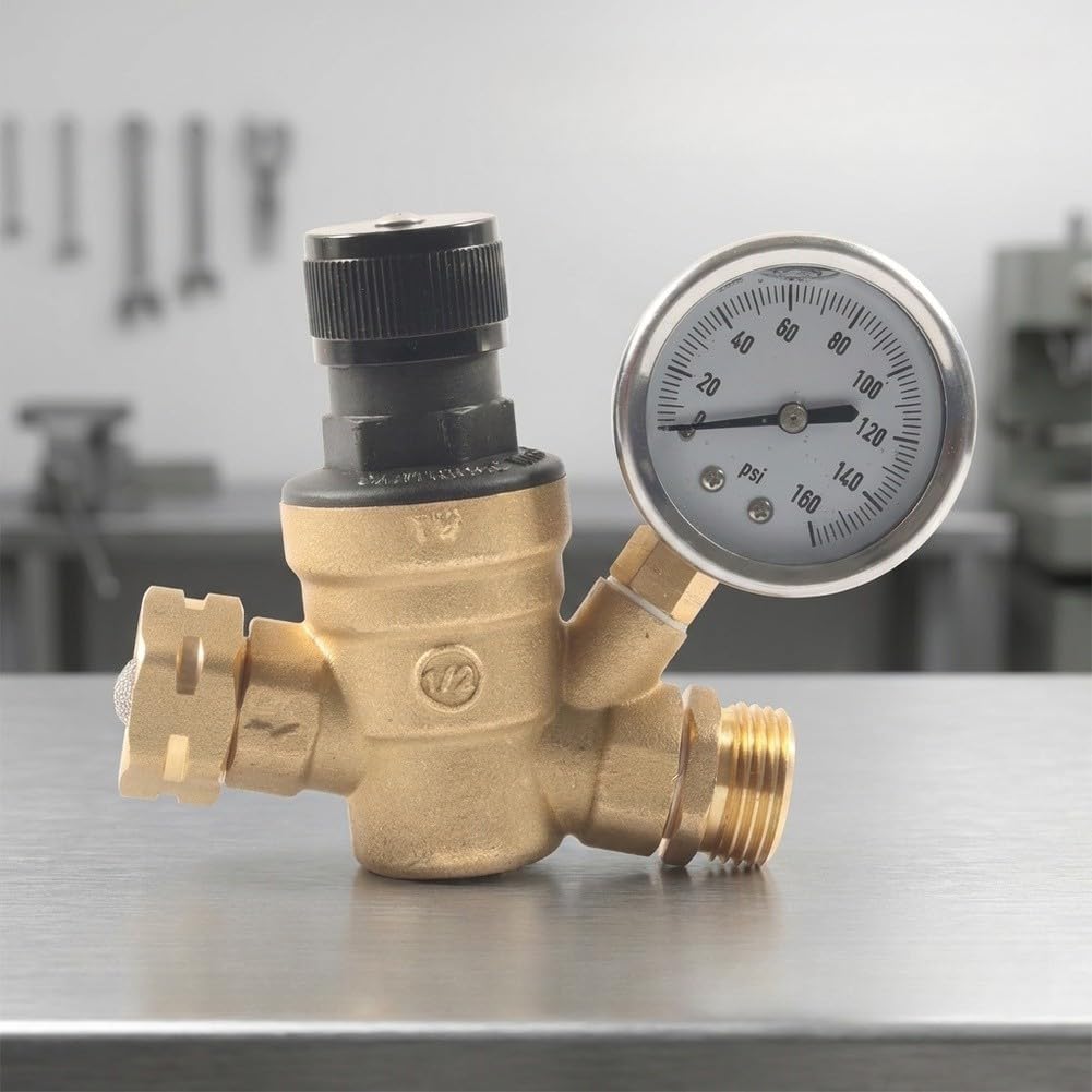 Riduttore di pressione dell'acqua manuale da 3/4" con manometro, regolabile 40-50 PSI, in ottone e acciaio inox, filettatura per tubo da giardino per camper, camper e barca