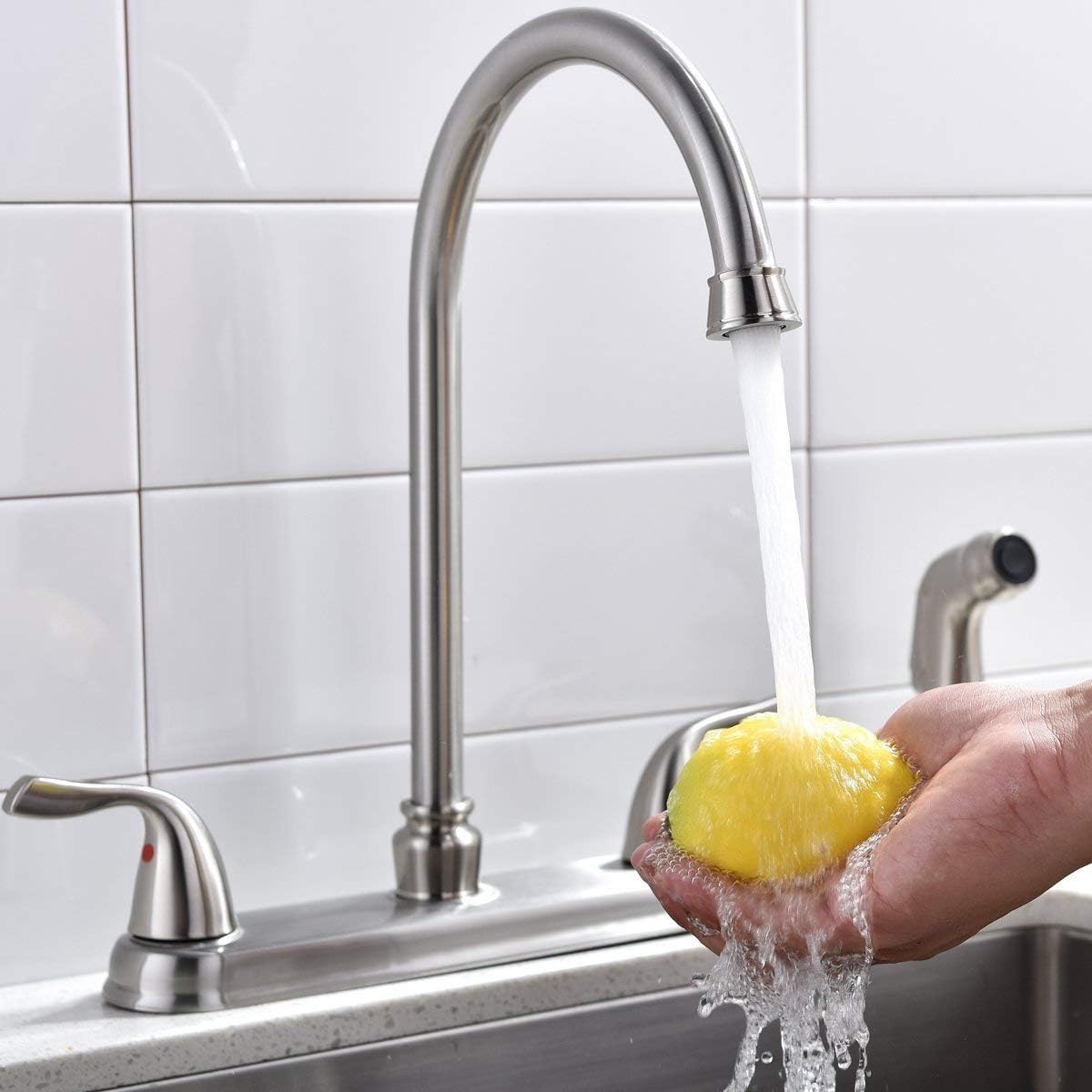 SHACO Kitchen Faucet with Side Sprayer, Stainless Steel 2 Handle Kitchen Sink Faucet with Water Supply Line, Brushed Nickel 360 Swivel Kitchen Faucet for Sink 3 Hole 4 Hole, SC-SLYT004L-S new13 - Image 2