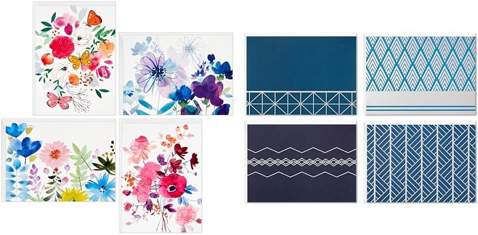 Hallmark Blank Cards Assortment, Painted Flowers (48 Cards with Envelopes) & Blank Cards Assortment, Geometric Silver Foil (40 Note Cards with Envelopes)