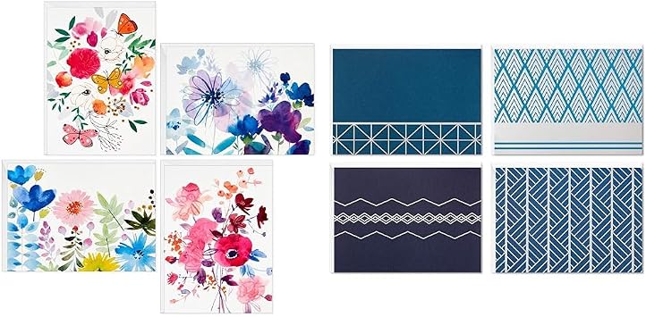 Hallmark Blank Cards Assortment, Painted Flowers 48 Cards with Envelopes & Blank Cards Assortment, Geometric Silver Foil 40 Note Cards with Envelopes