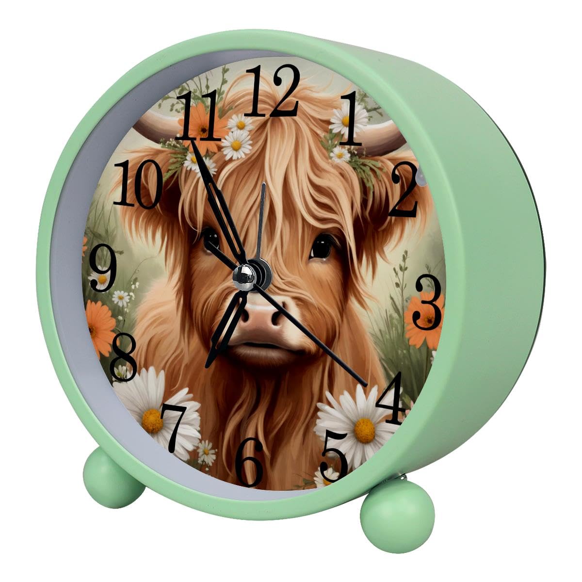 Alarm Clock Highland Cow Daisies, Silent Non-Ticking with Night Light