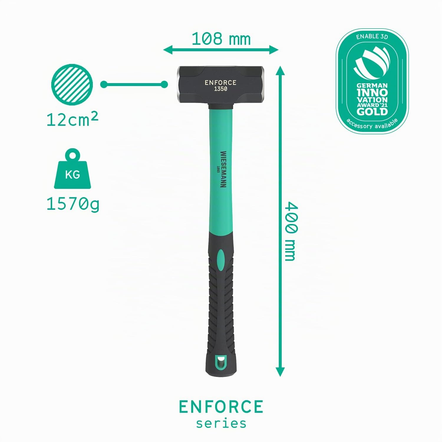 Massette très longue 3LB (1,3 kg) avec manche en fibre de verre 2K par WIESEMANN 1893 | gamme ENFORCE | tête forgée et trempée par induction | 80478