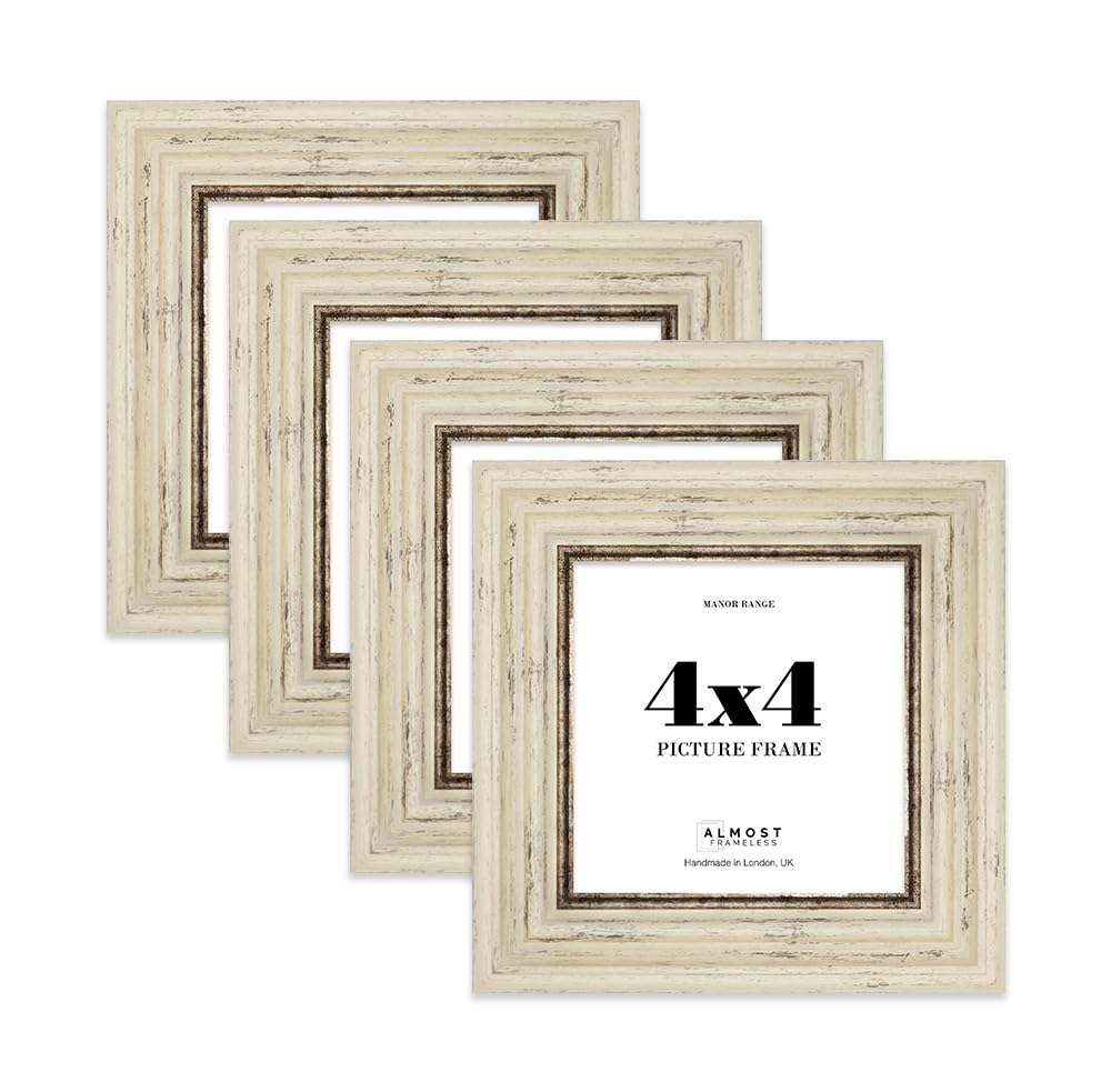 4x4 Picture Frame, Display 4x4 Pictures (10.2 x 10.2cm) - Distressed Cream Timeless 42mm Edge Classic Interior Design Décor - 4 Pack