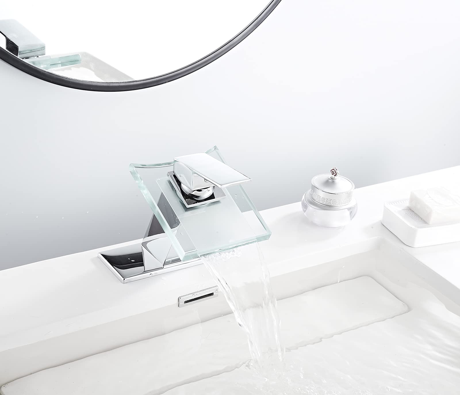Rubinetto da Bagno a Cascata con beccuccio in Vetro, Design Moderno, monocomando, Foro Singolo, per lavabo, Mobile Bagno, Cromato, in Ottone Massiccio, per Uso Commerciale.