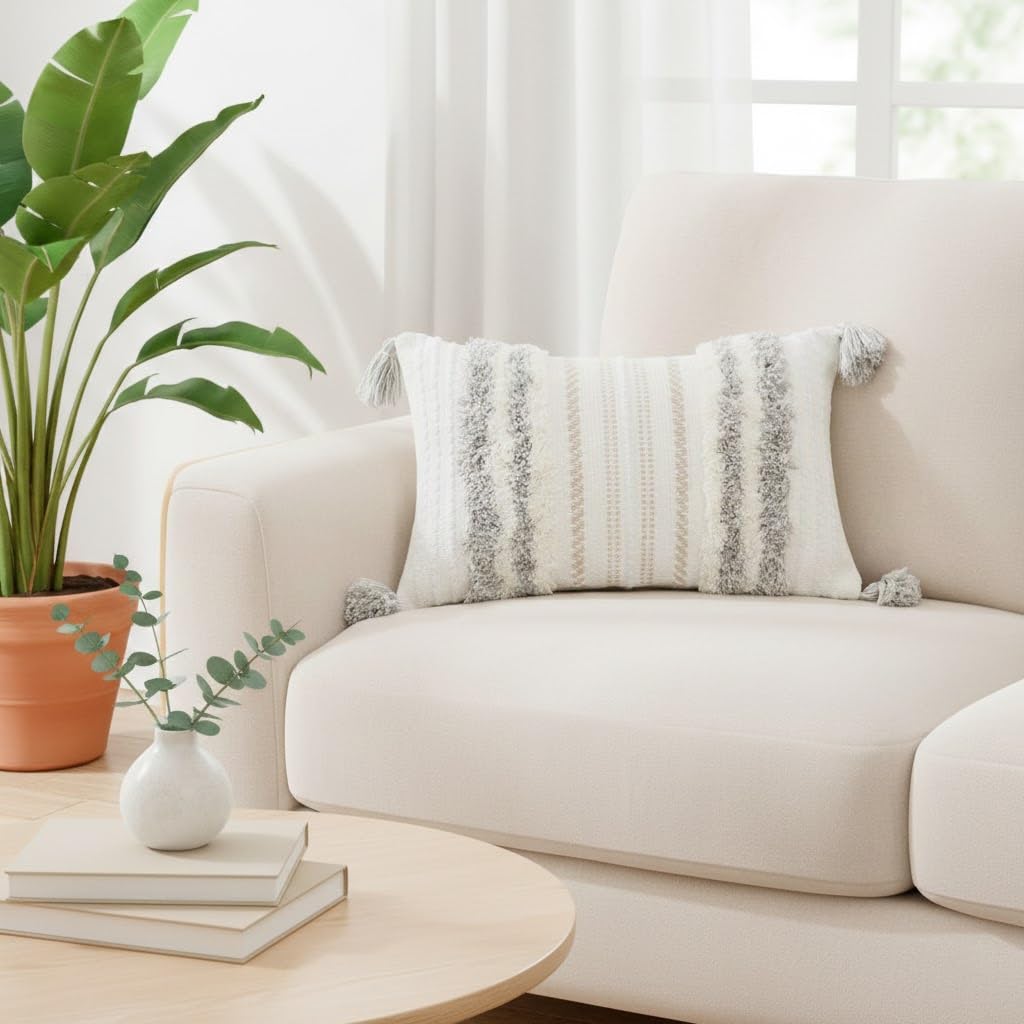 decorUhome Set di 2 federe decorative estive in stile bohémien, 30 x 51 cm, con accento lombare neutro, trapuntate, a righe, per divano, letto, divano, soggiorno, grigio chiaro e bianco crema