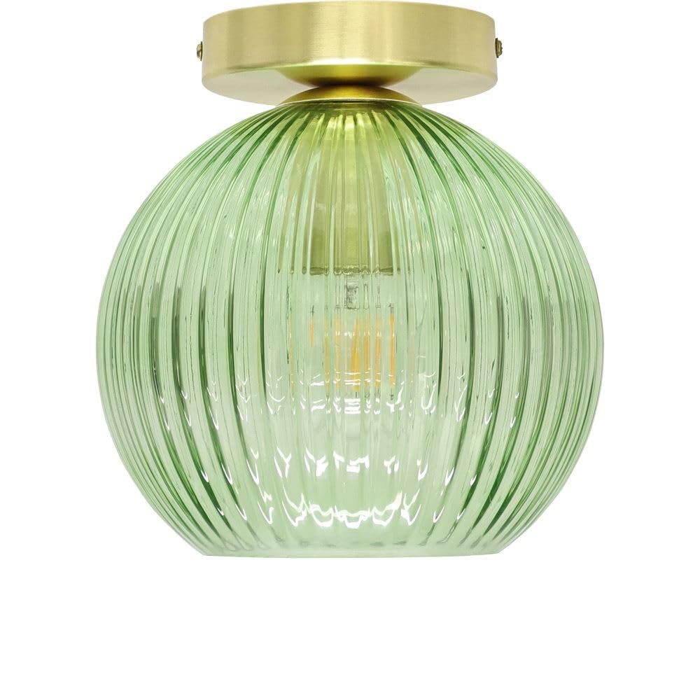 Firstchoicelighting Satin Brass & Green Green Ribbed Glass Globe Ceiling Light Flush Fitting With Satin Brass Detail, Modern Low Ceiling Lighting