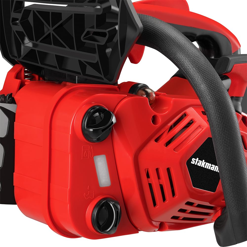 Motosierra de explosión de 2 tiempos a gasolina, hoja de 30 cm, Easy Start e interruptor de seguridad, motosierra de jardín, trabajo, corta madera y ramas precisa con mango ergonómico (25,4