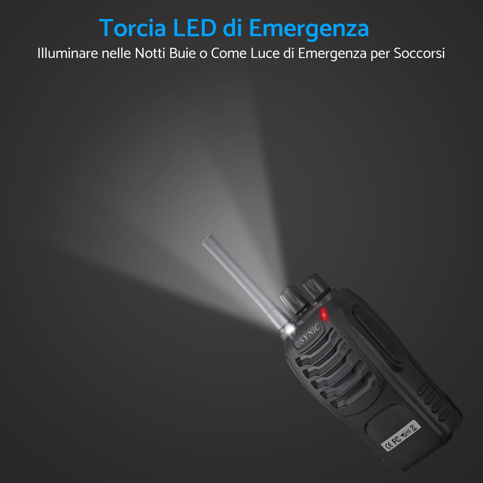 ESYNiC 2 Paio Walkie Talkie Radio USB Ricaricabile PMR 446MHz VOX Ricetrasmittente Portatile 16 Canali Singola Banda Walkie-Talkie Professionali con Cavo Auricolari Funzione Torcia Elettrica