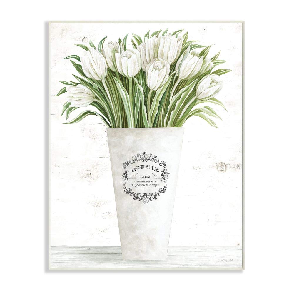 Stupell Industries White Tulip Bouquet in Parisian Vase Floral Arrangement, Designed by Cindy Jacobs Art, 10 x 15, Wall Plaque
