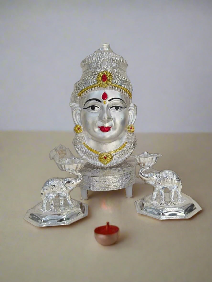 indiancraftsbykanika german silver lakshmi face with chowki stool and 2 elephant diya for vara lakshmi pooja/diwali