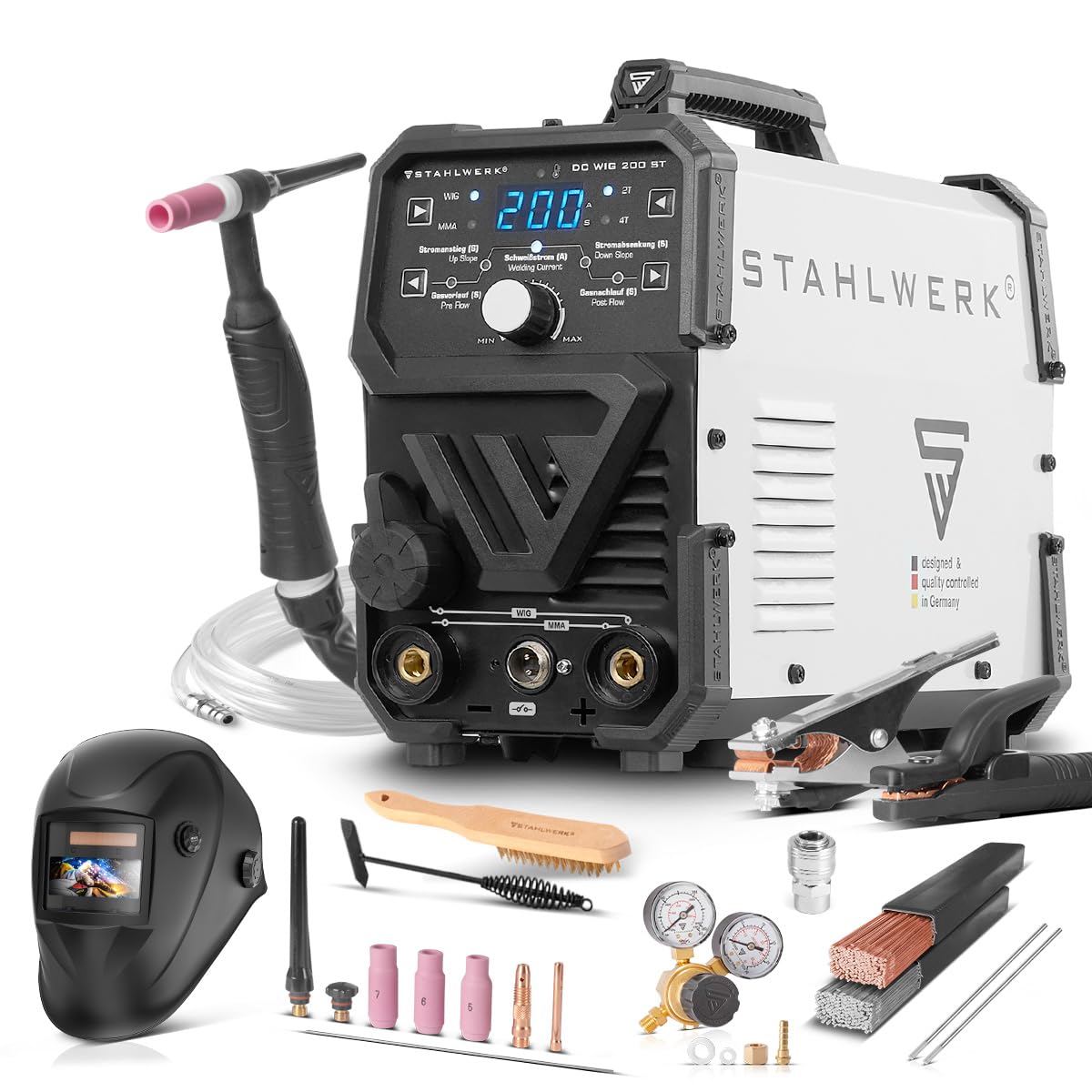 STAHLWERK Poste à souder combiné 2-​en-​1 DC TIG 200 ST – Kit complet – TIG & fonction MMA (ARC) jusqu'à 200 A, amorçage HF, Hotstart, Anti-​Stick, pour acier, inox, cuivre & laiton, pas d'alu