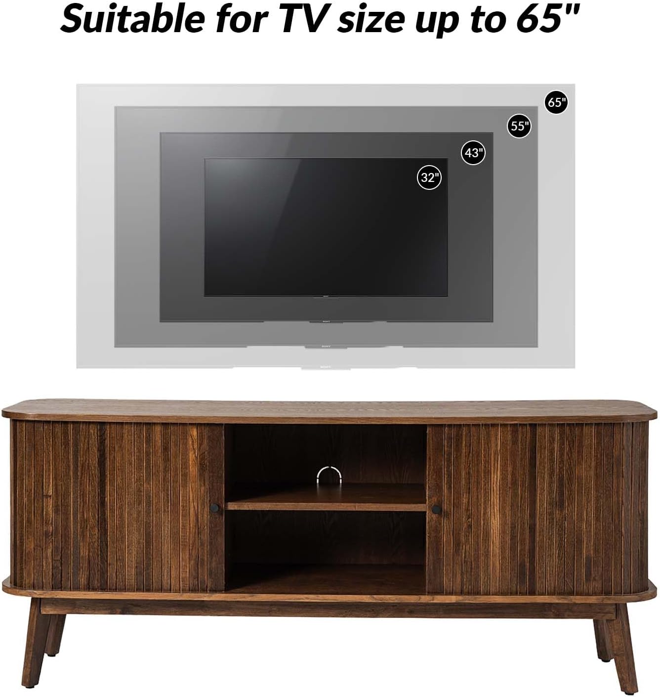 HULALA HOME Mid Century Modern TV Stand for 65" Television, Entertainment Center with Sliding Barn Doors and Solid Wood Legs, Wood Media TV Console Table for Living Room, Walnut
