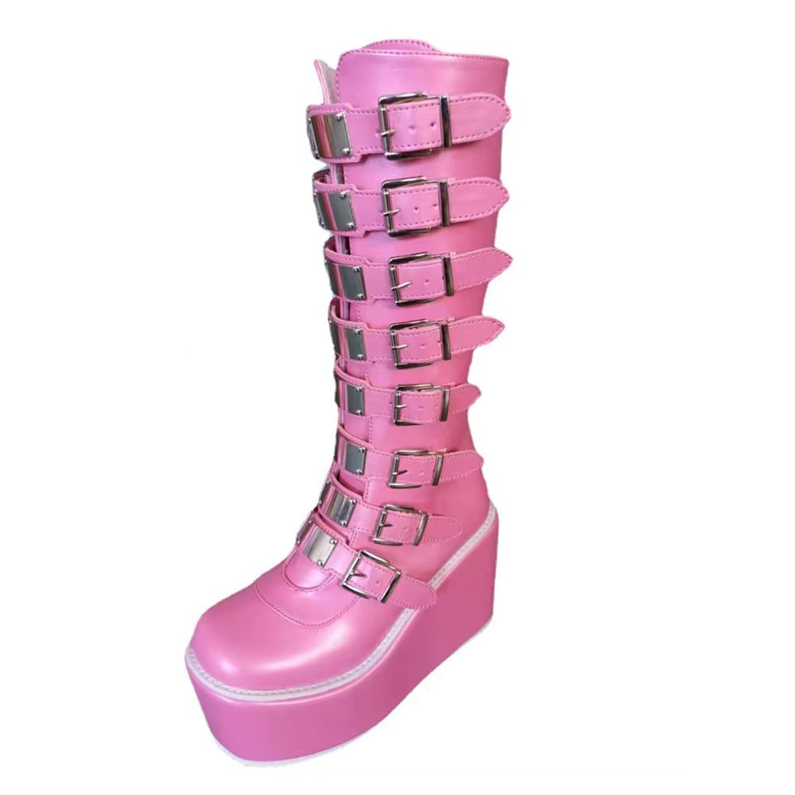 Women Platform Knee High Goth Boots Zip Round Toe Wedge Punk Mid Calf Boots Metal Buckle Chunky Heel