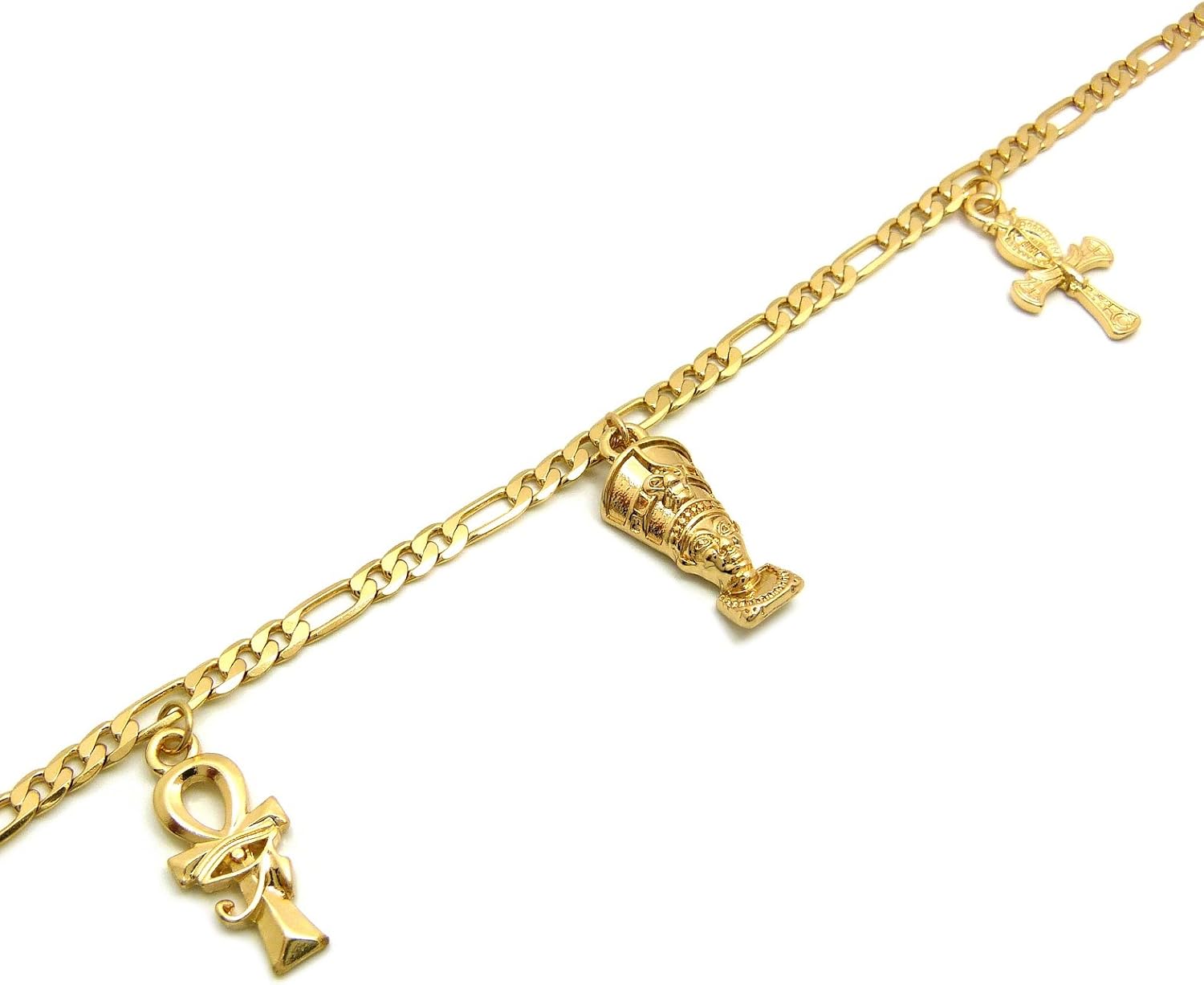 Fashion 21 Women's Egypt Ankh, Horus Bird, Nefertiti, Anubis, Pyramid Charms 3.5mm 10" Figaro Chain Anklet (Style 4)