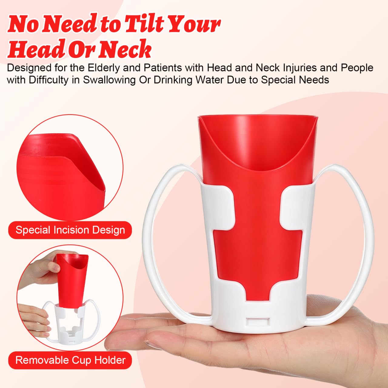 HEMOTON Tasse à Découpe Nasale, Rouge avec Support | Permet de boire sans incliner fortement la tête, pour personnes âgées, soins à domicile et mobilité réduite