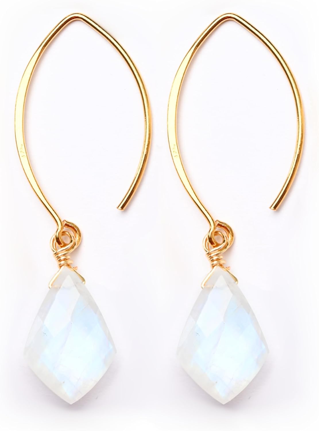 Rainbow Moonstone, 14k Gold Plated Sterling Silver, Handmade Dangle Earrings, Kite Cut Natural Stone, June Birthstone, Wedding Jewelry Gold