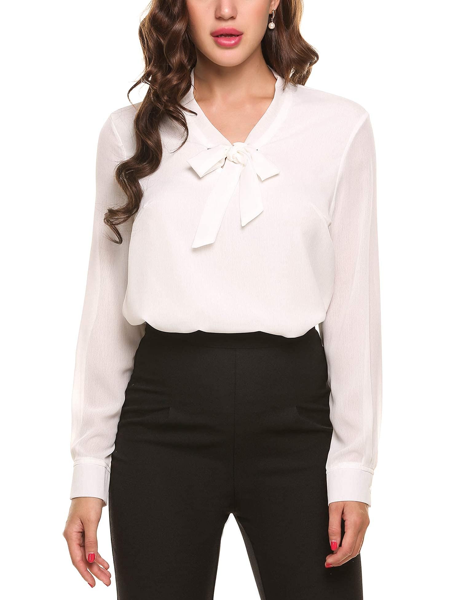 Beyove Blusa elegante de gasa para mujer, con lazo, cuello en V, monocolor, Blanco, XL