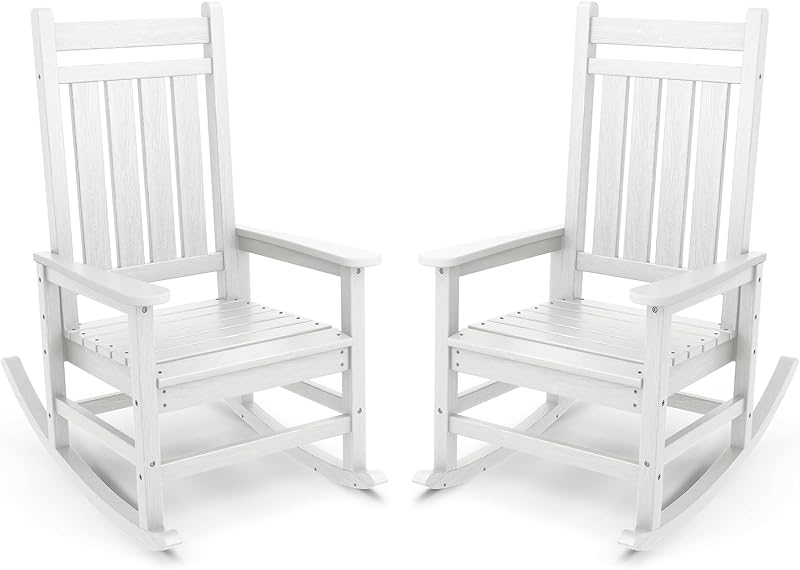SERWALL Outdoor Rocking Chair Set of 2, HDPE Porch Rocker for Adults, White