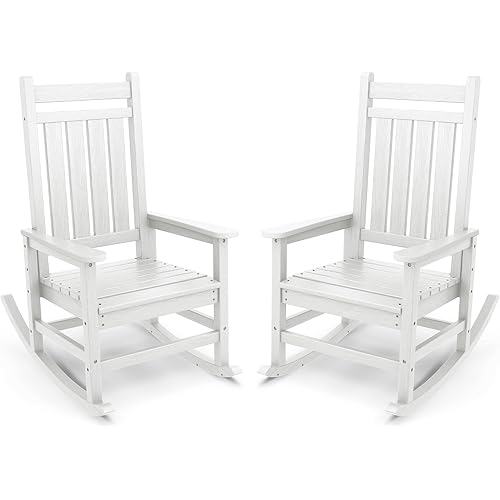 SERWALL Outdoor Rocking Chair, HDPE Rocking Chair for Adults, All Weather Porch Oversized Rockers for Lawn Garden, White