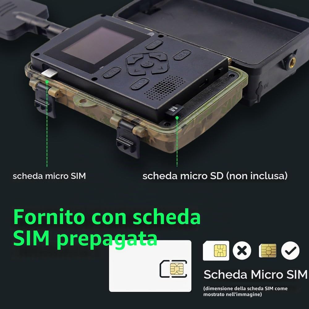 4G Profi-Wildkamera 60MP 8K con scheda di memoria da 32 GB e SIM Card 4G, Top rilevamento del movimento, flash invisibile per visione notturna, trasmissione tramite app fototrappola