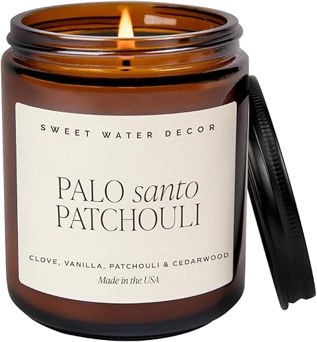 Sweet Water Decor Palo Santo Patchouli Soy Candle - Black Pepper, Clove Leaf, Nutmeg and Lavender Scented Candles for Home - 9oz Amber Jar + Black